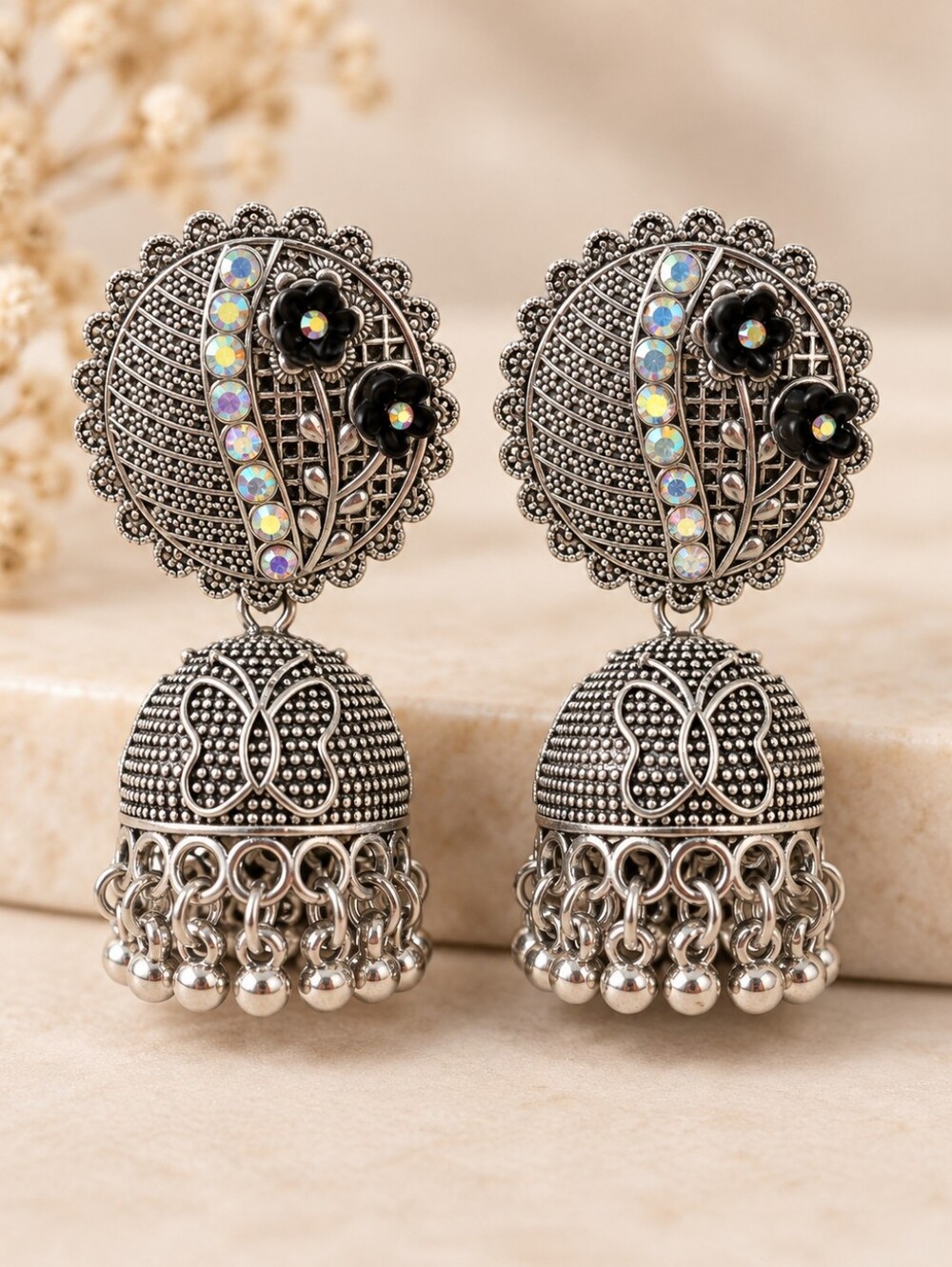 Black Oxidized Jhumka Earrings | Glass Stone Ethnic Statement Jewelry
